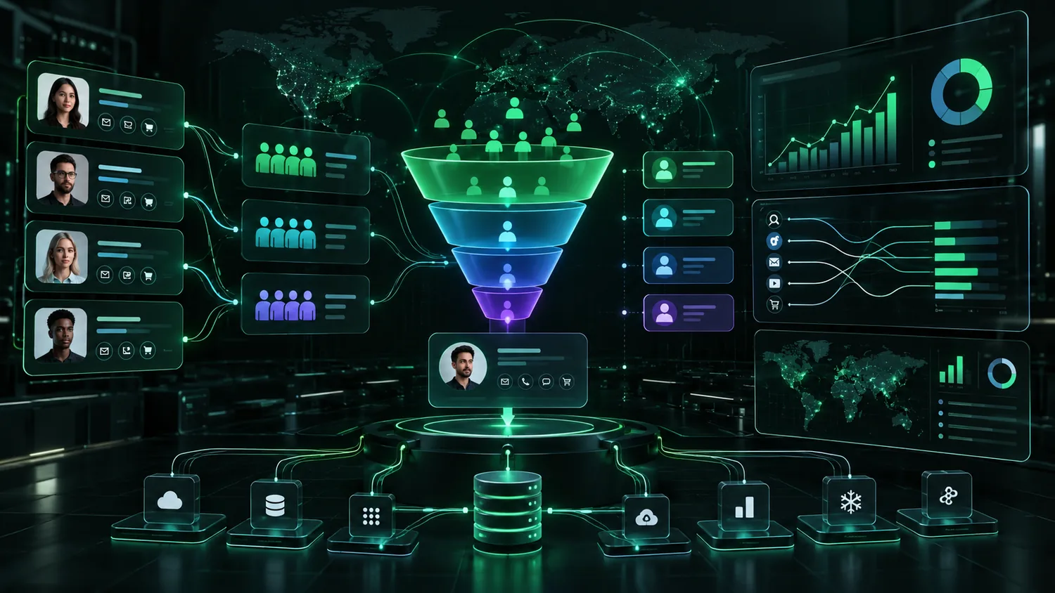 CRM, segmentación, funnel, customer data y revenue intelligence