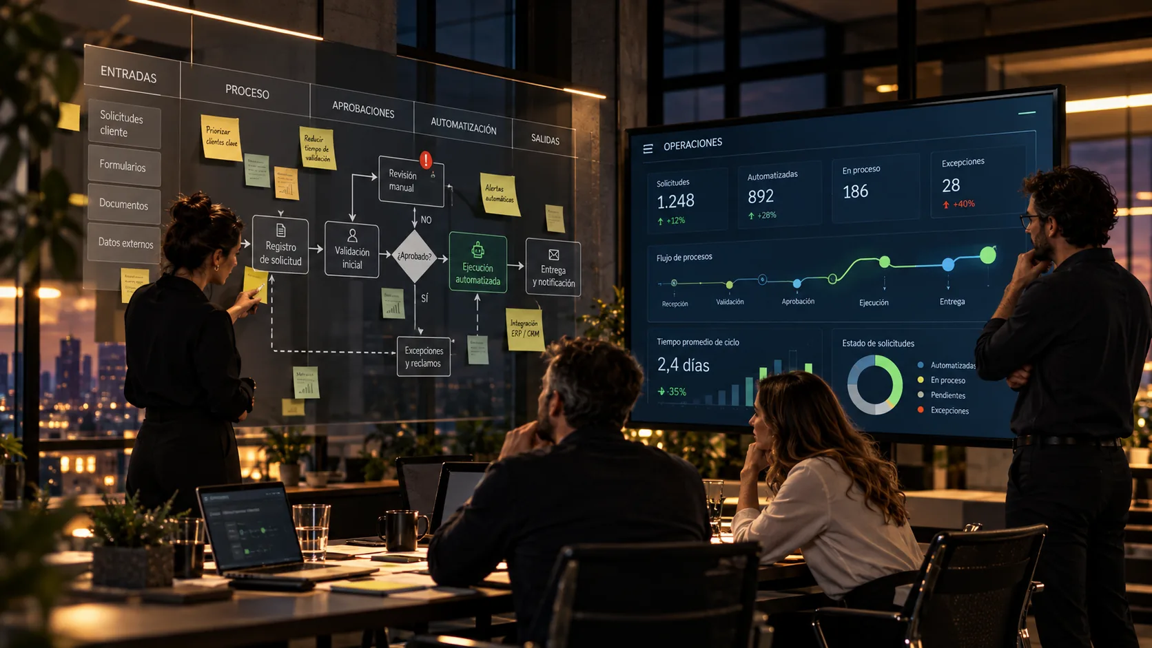 Equipo trabajando sobre procesos, automatización y operación